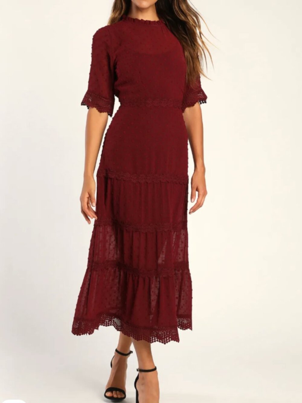 Lulus Dreaming of You Wine Red Swiss Dot Midi Dress XS
